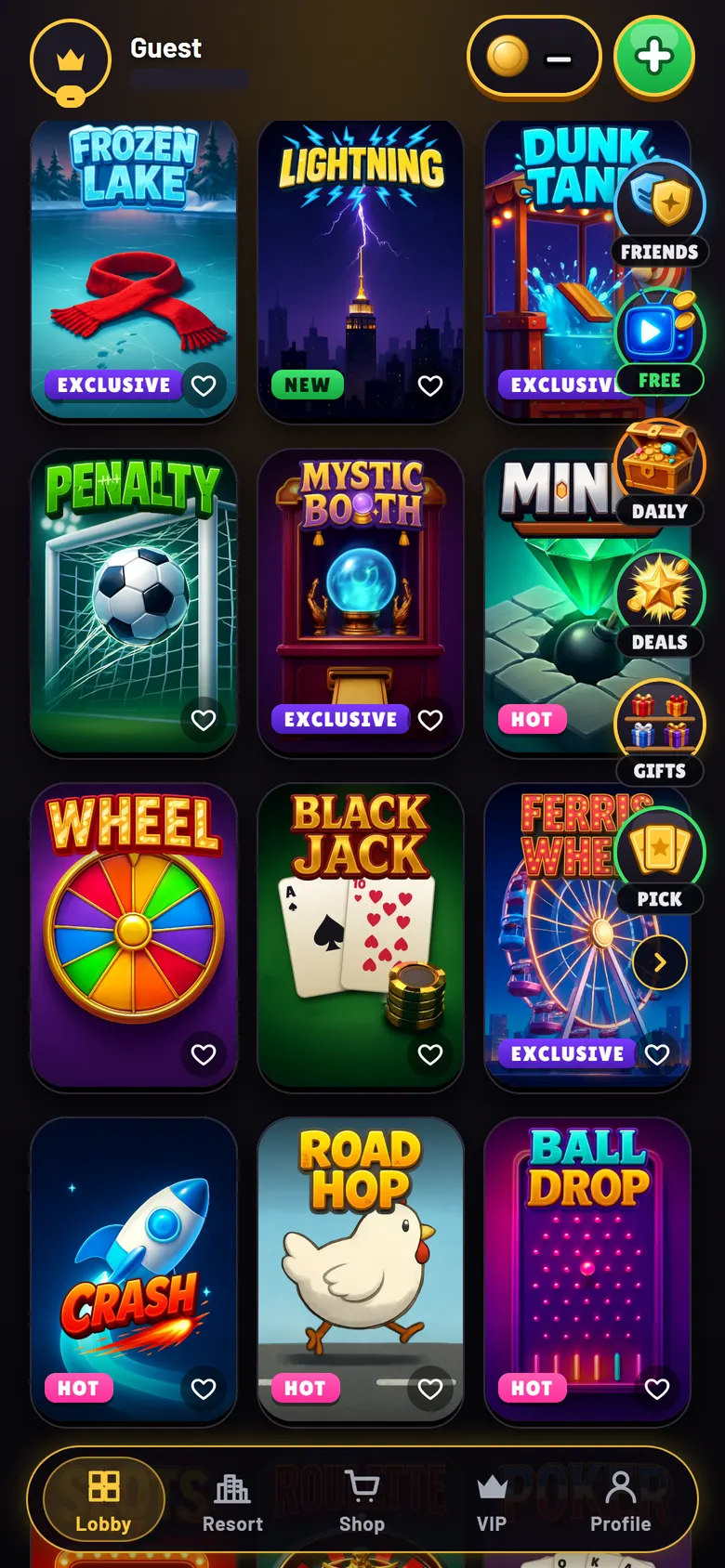 The lobby: new exclusive games like Snake, Ball Drop and Blaze Bank