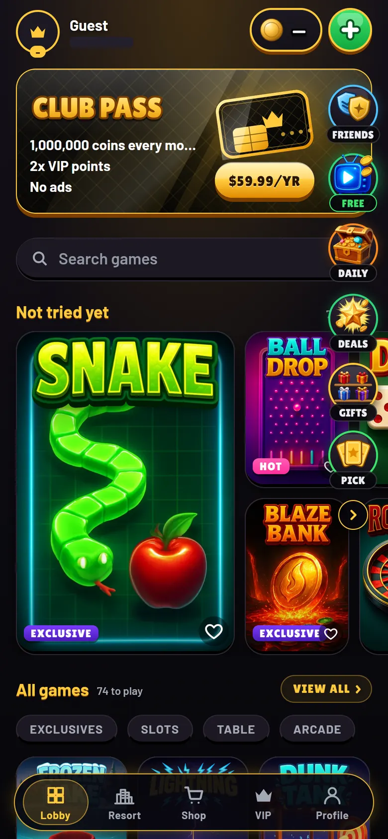 The Cashout Arcade lobby with the Club Pass banner and a shelf of games